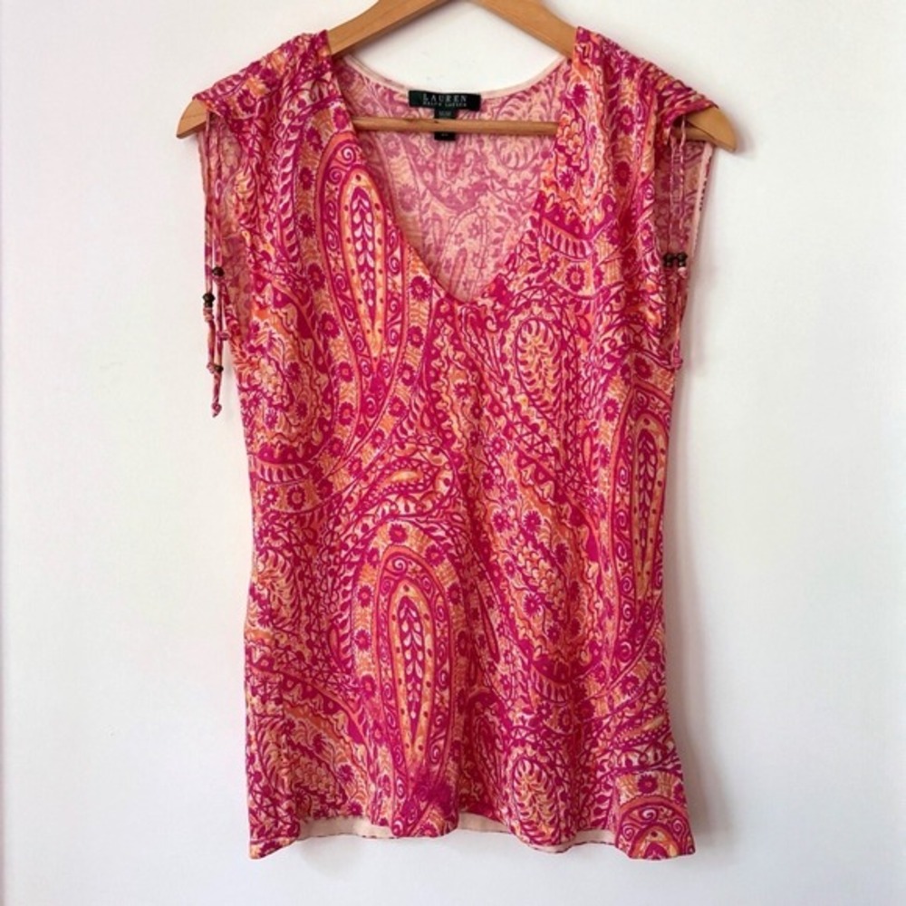 Lauren Ralph Lauren Silk Tank‎ Top Womens M Y2K Boho Hippie Pink Retro Paisley
